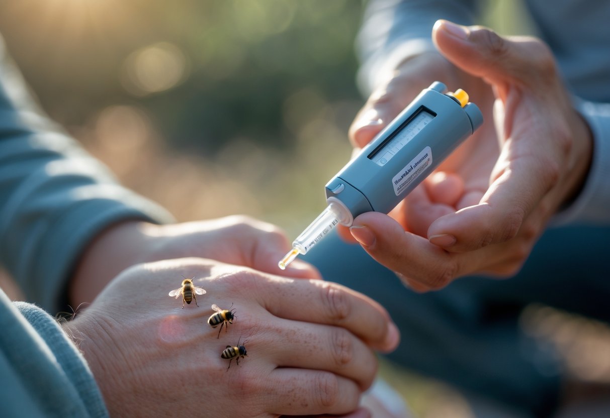 Close-up of a person’s hand with a bee sting while another person holds an epinephrine auto-injector nearby.