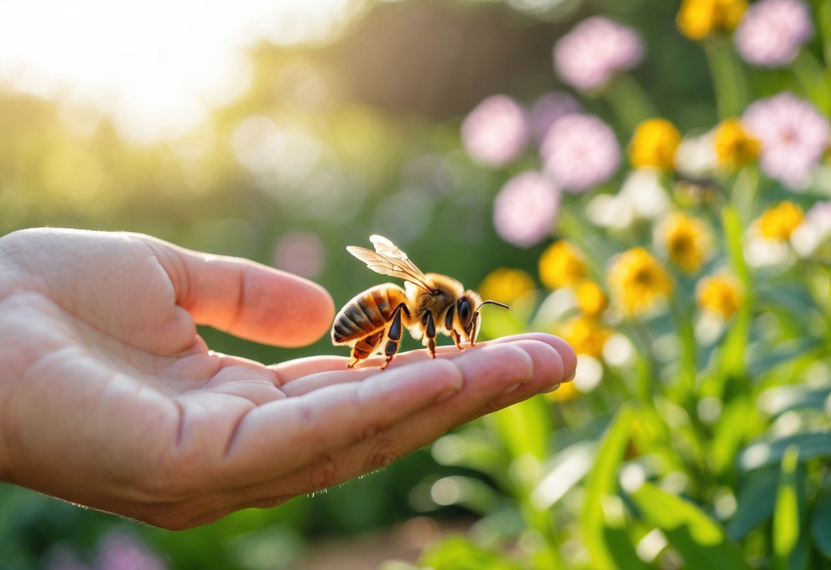 A person gently holding a honeybee on their fingertip in a sunlit garden with flowers in the background.