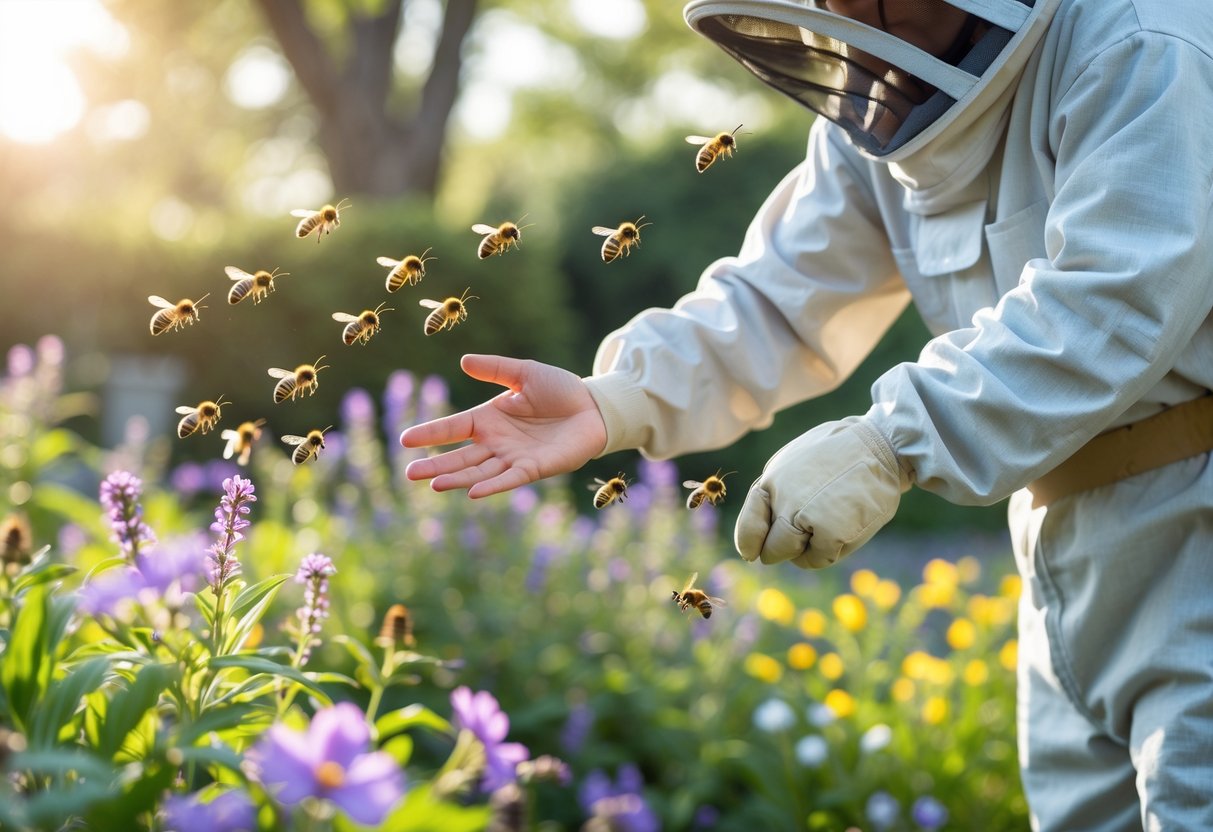 A person gently interacting with bees near blooming flowers in a garden.