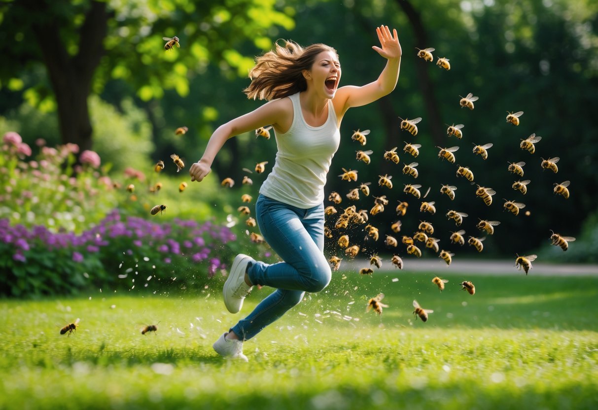 A person running and waving their arms frantically while being chased by a swarm of bees outdoors.