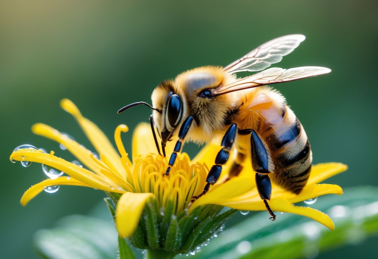 A close-up of a honeybee resting on a yellow flower with green foliage in the background.