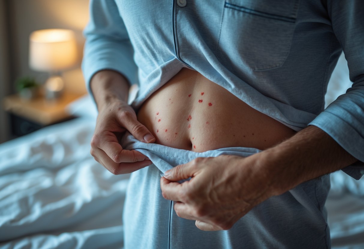Person lifting their shirt to look at small red bite marks on their skin at night in a bedroom.