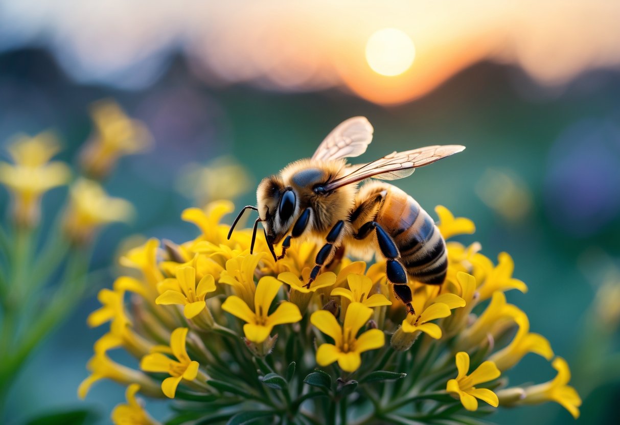 A honeybee resting on yellow flowers at dusk with folded wings and relaxed antennae.