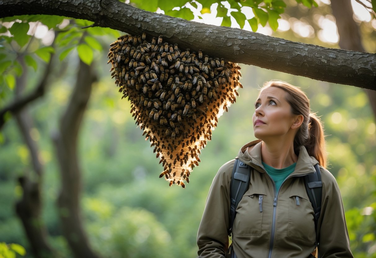 A person standing cautiously near a large swarm of bees clustered on a tree branch in a forest.