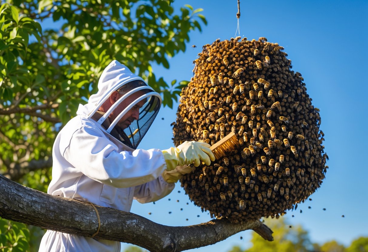 A beekeeper in protective clothing inspecting a large swarm of bees clustered on a tree branch outdoors.