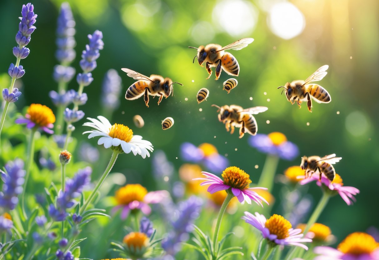 Close-up of honeybees pollinating colorful flowers in a garden with green foliage in the background.