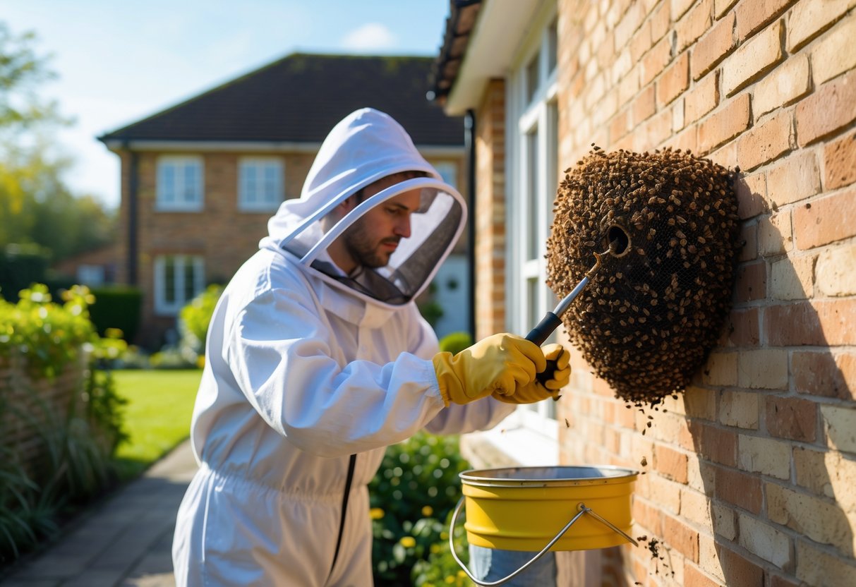 A person in protective gear removing a bee's nest from the outside wall of a UK house.
