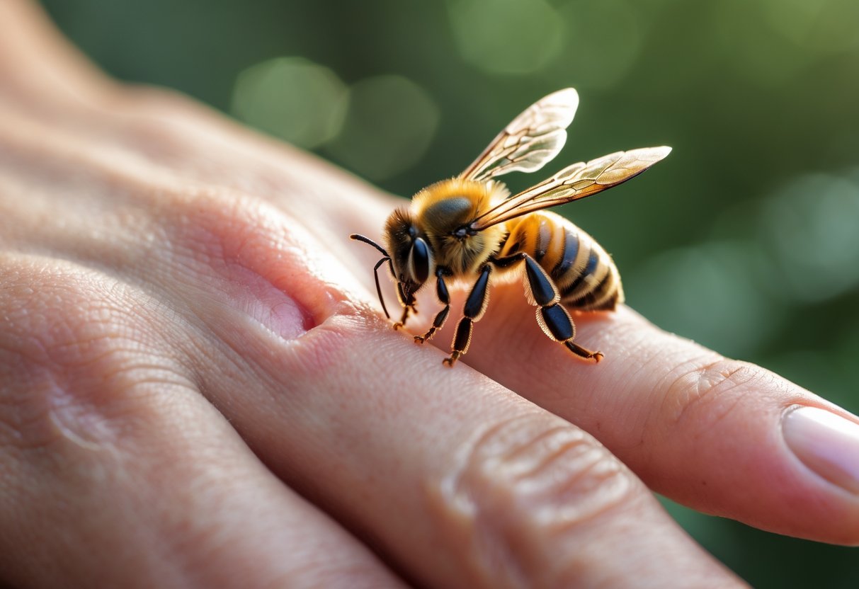 Close-up of a human finger with a bee perched on a red, swollen sting site.