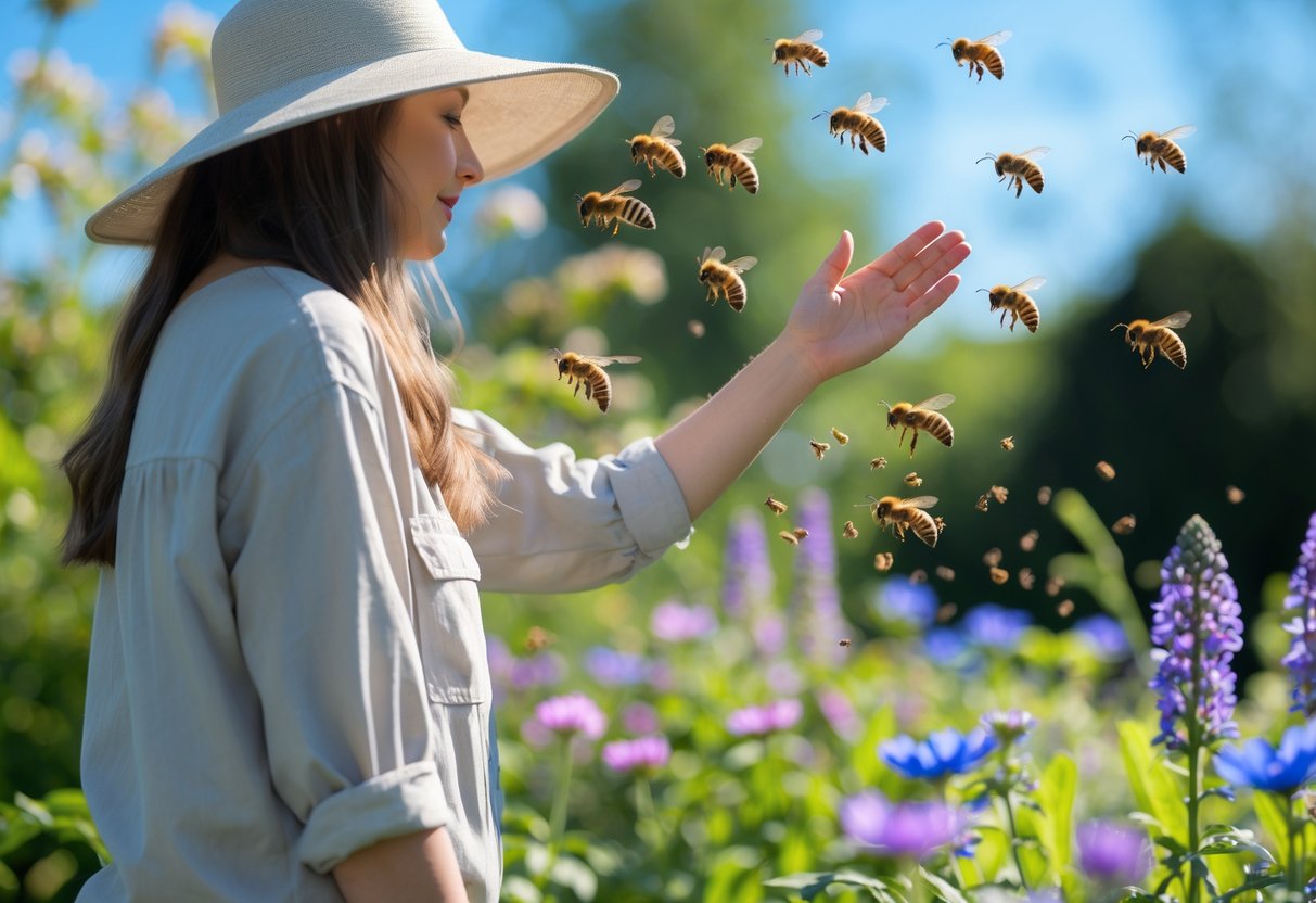 A person calmly standing in a garden near bees hovering around flowers.