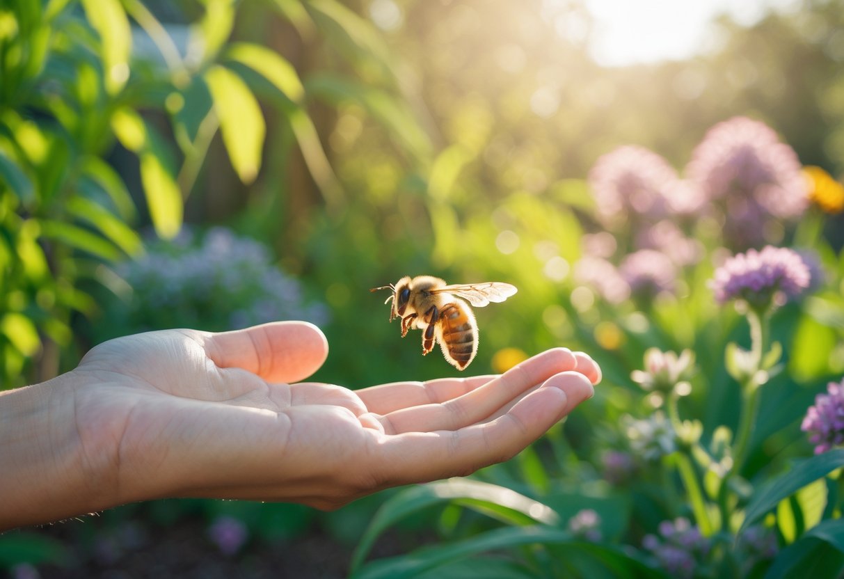 A honeybee hovering near a person's open hand in a garden with green plants and colorful flowers.