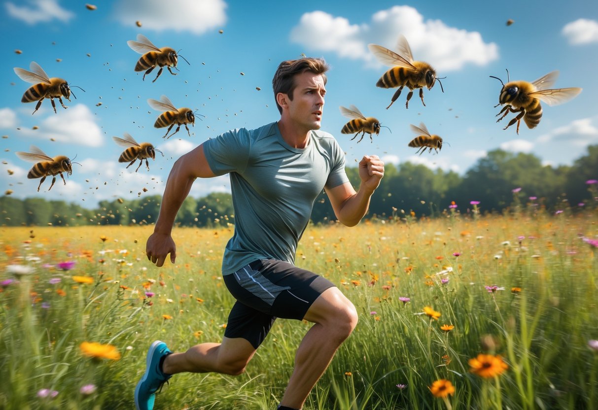 A man running through a flower-filled meadow with bees flying closely behind him.