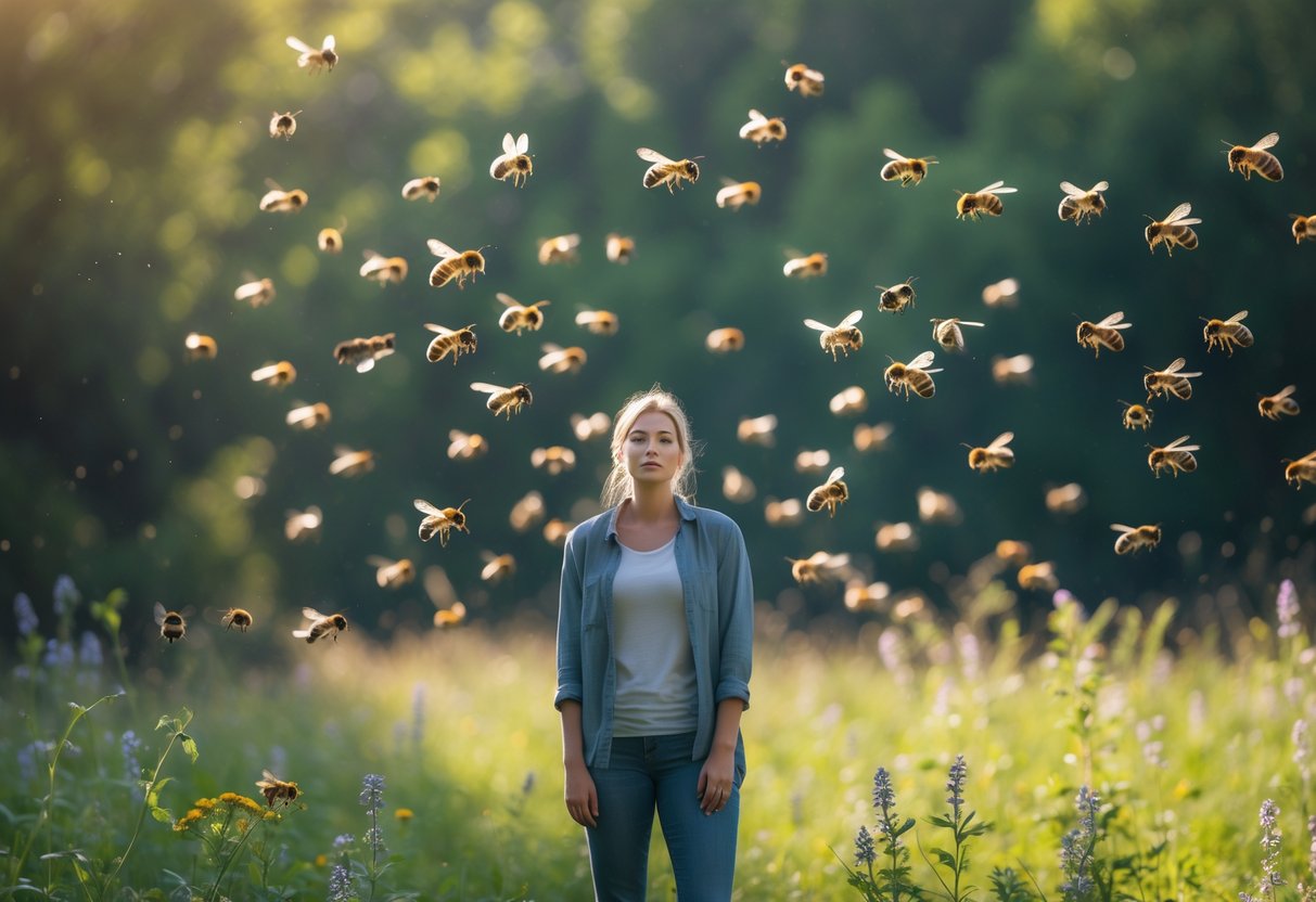 A person standing calmly outdoors surrounded by a swarm of bees flying around them.