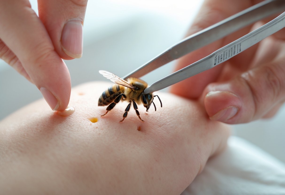 A person carefully removing a bee sting from their skin using tweezers.