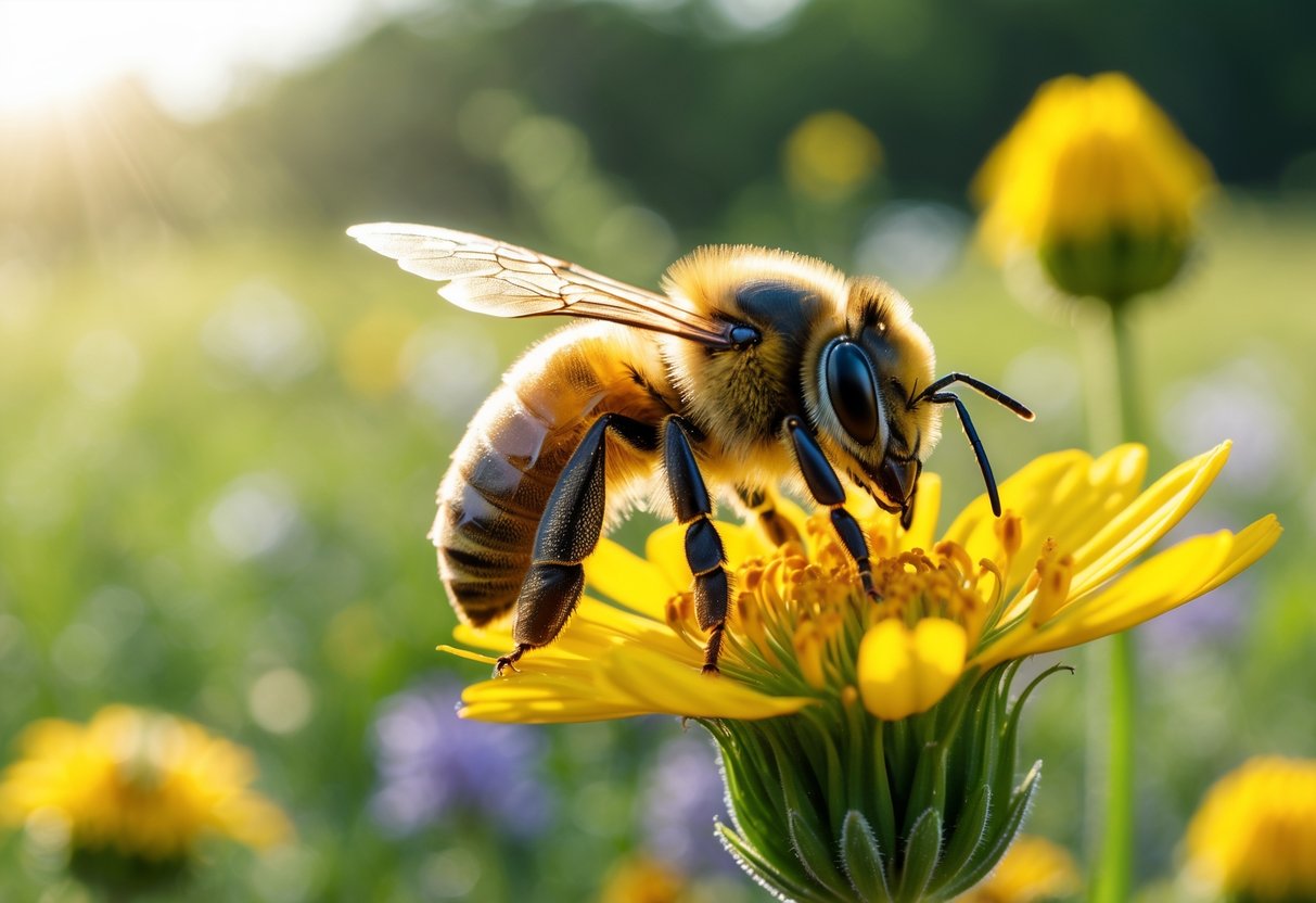 A honeybee resting on a yellow flower in a meadow with green foliage in the background.
