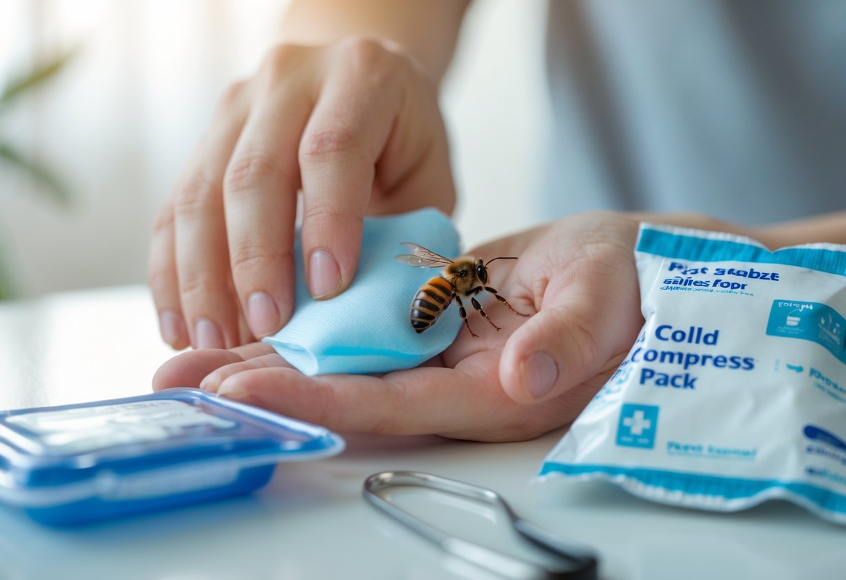 Close-up of a person applying a cold compress to a bee sting on their hand with a first aid kit nearby.