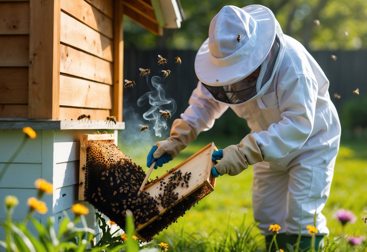 Person in protective clothing removing a beehive from the side of a wooden house with bees flying nearby in a garden.