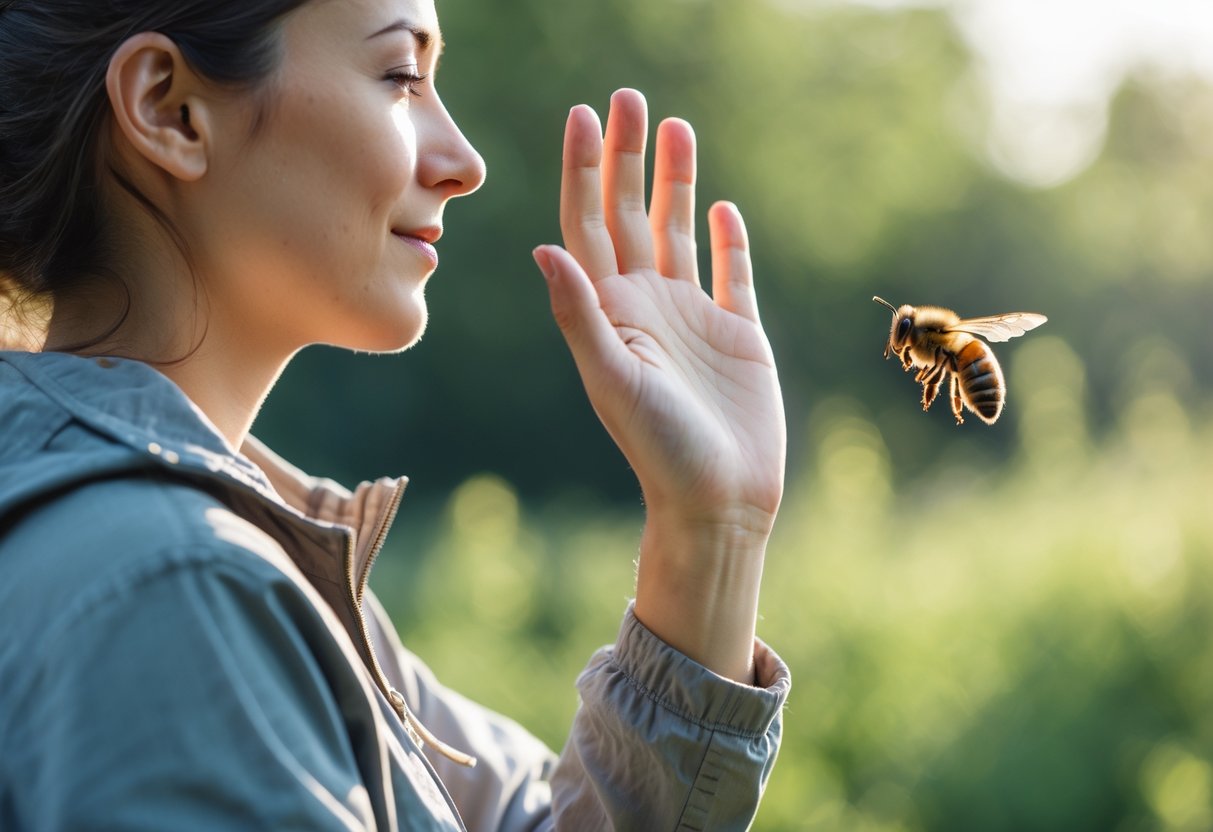 A person outdoors calmly waving their hand to gently shoo away a bee flying near their face.