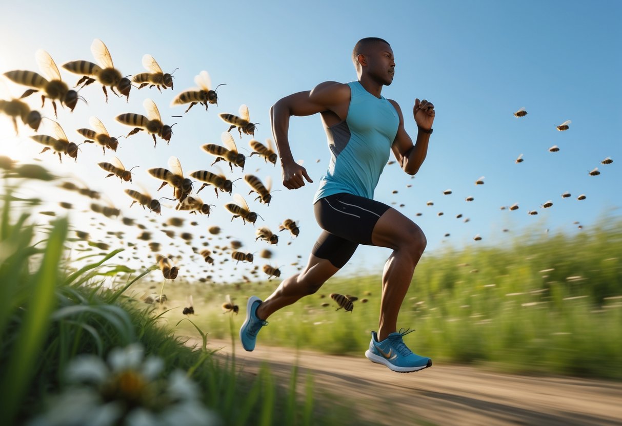 A person running on a trail with a swarm of bees flying closely behind them.