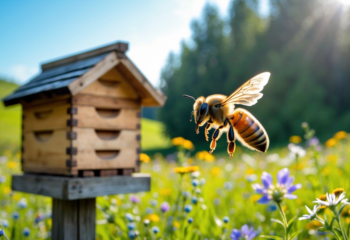 A honeybee flying away from a wooden beehive surrounded by wildflowers in a green meadow under a clear blue sky.