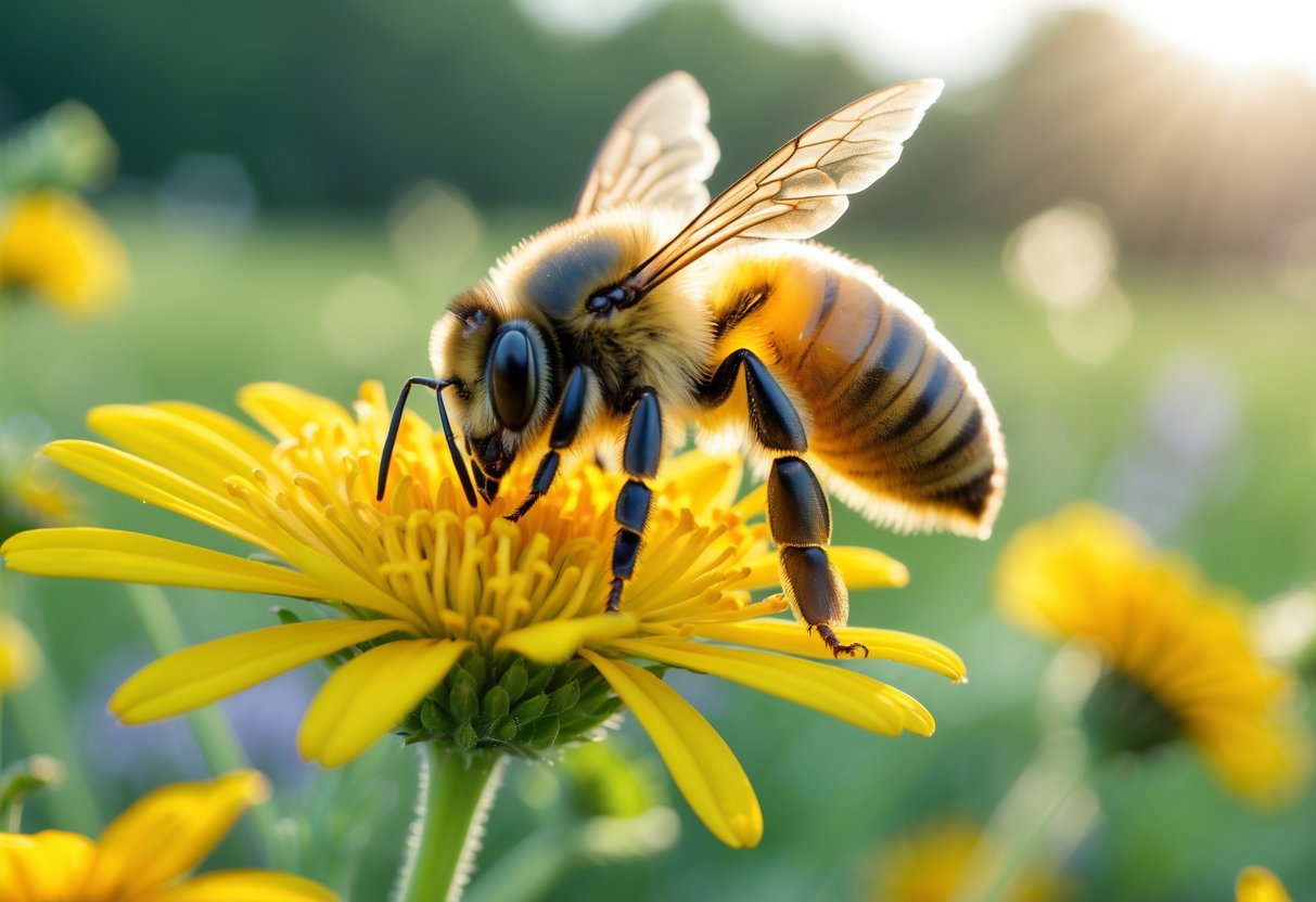 A honeybee resting on a yellow flower in a sunlit meadow with green foliage in the background.