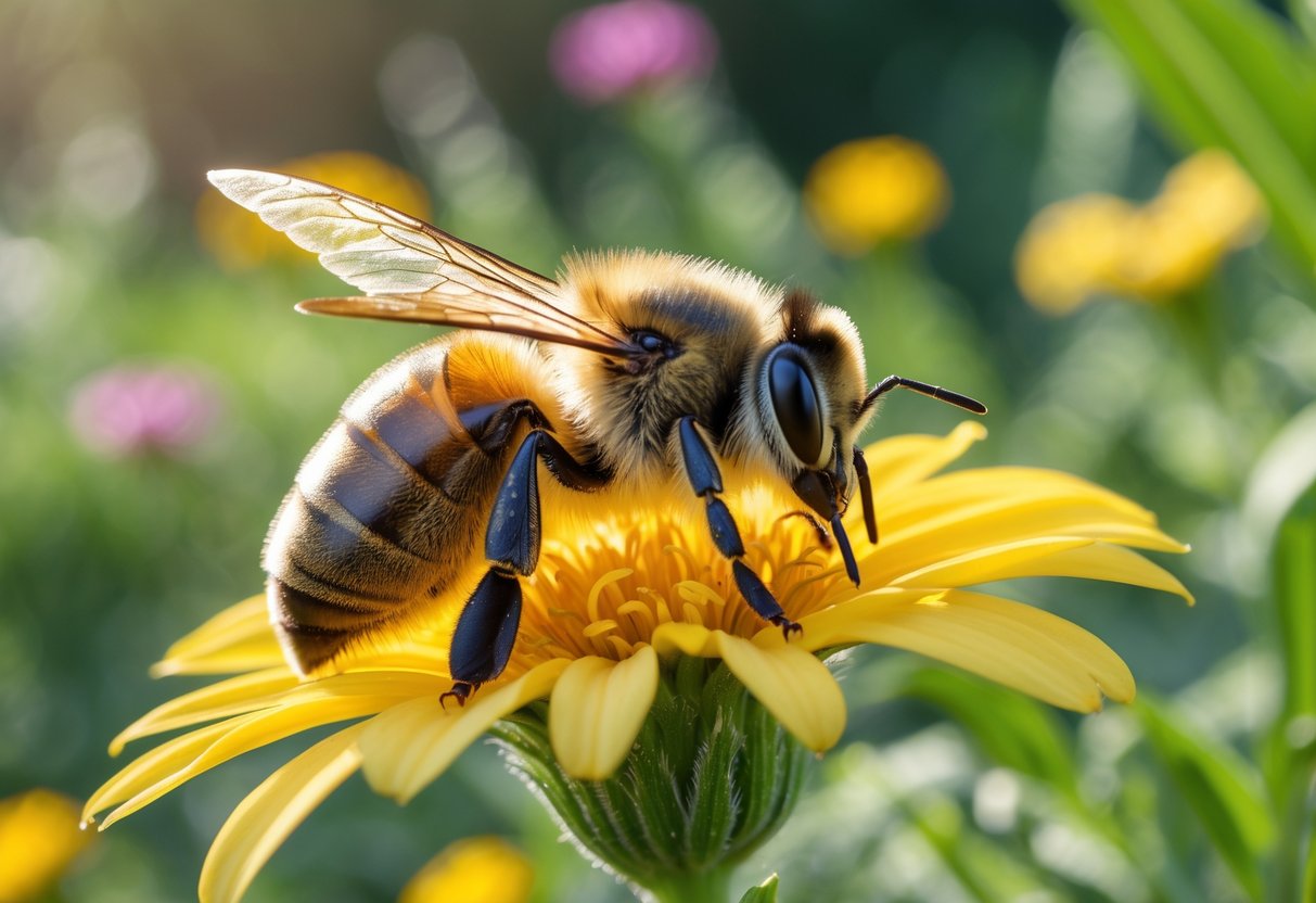 A close-up of a bee resting on a yellow flower in a garden.