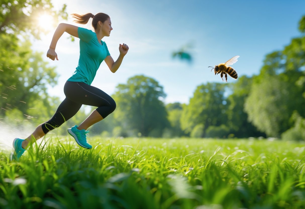 A person running outdoors with a bee flying closely behind them in a green park.