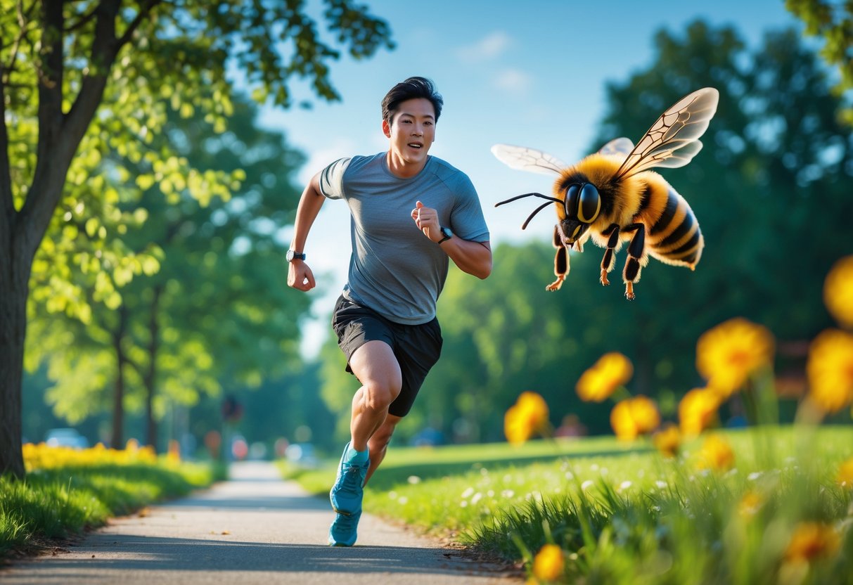 A person running outdoors on a park path with a bee flying closely behind them.