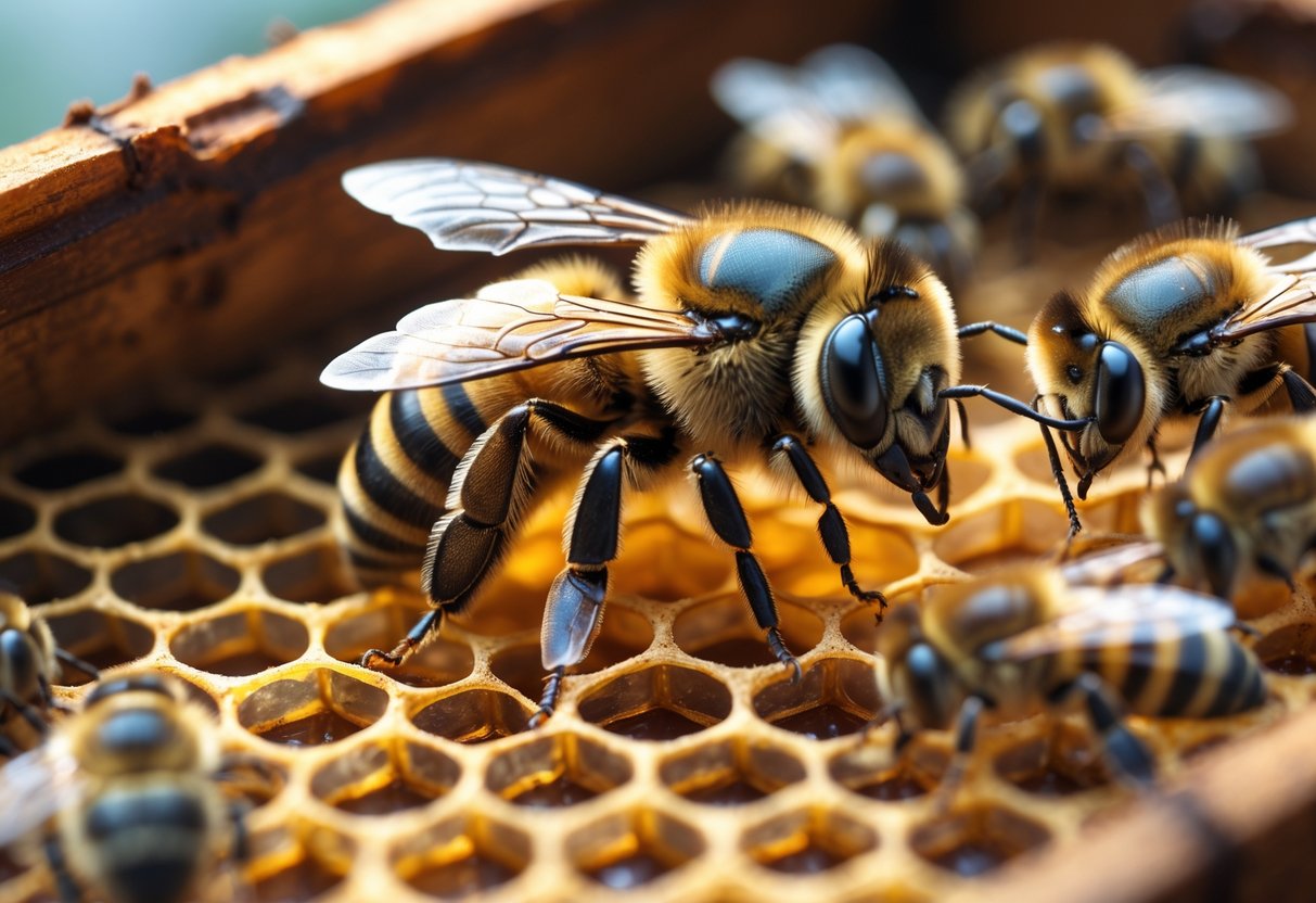 A queen bee resting on honeycomb inside a beehive, surrounded by worker bees.