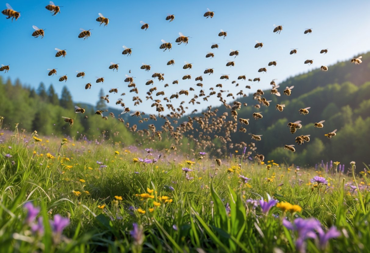A large swarm of bees flying over a meadow with flowers toward a distant forest under a clear sky.