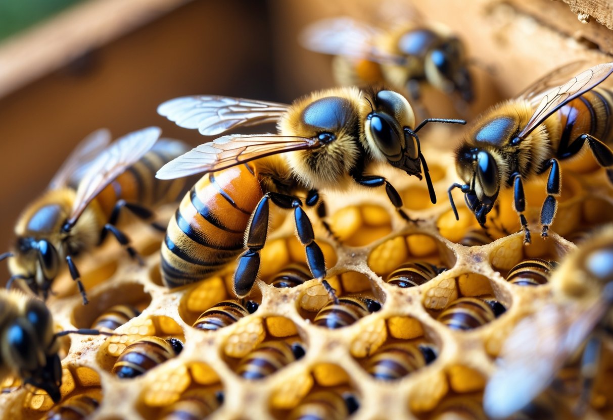 Close-up of a queen bee on a honeycomb surrounded by worker bees inside a beehive.