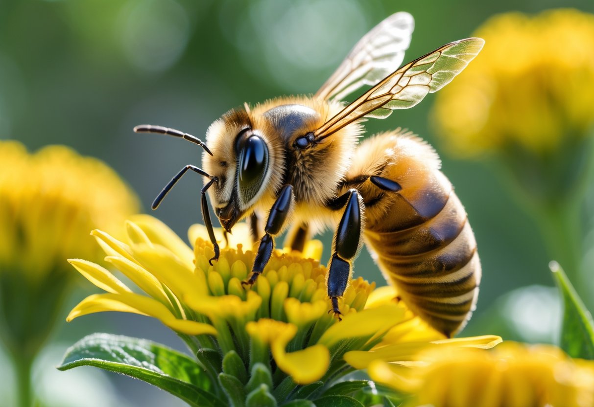 A close-up of a honeybee on a yellow flower with its wings raised, surrounded by green foliage.