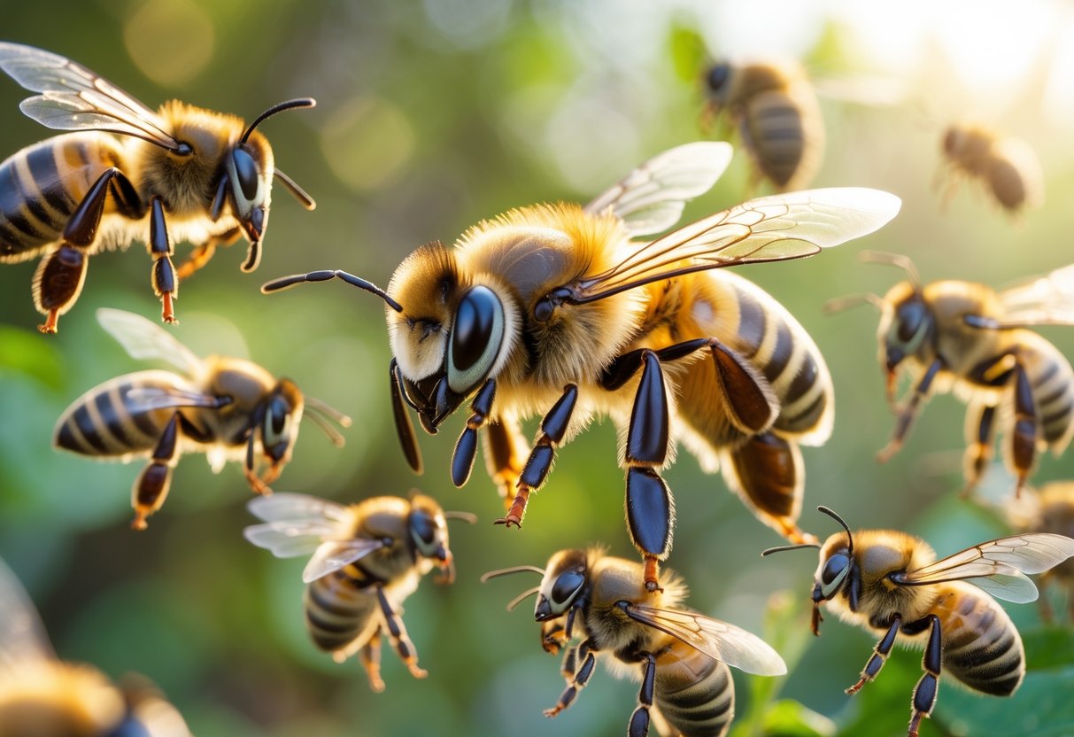 Close-up of a queen bee surrounded by several drone bees in a natural outdoor environment.