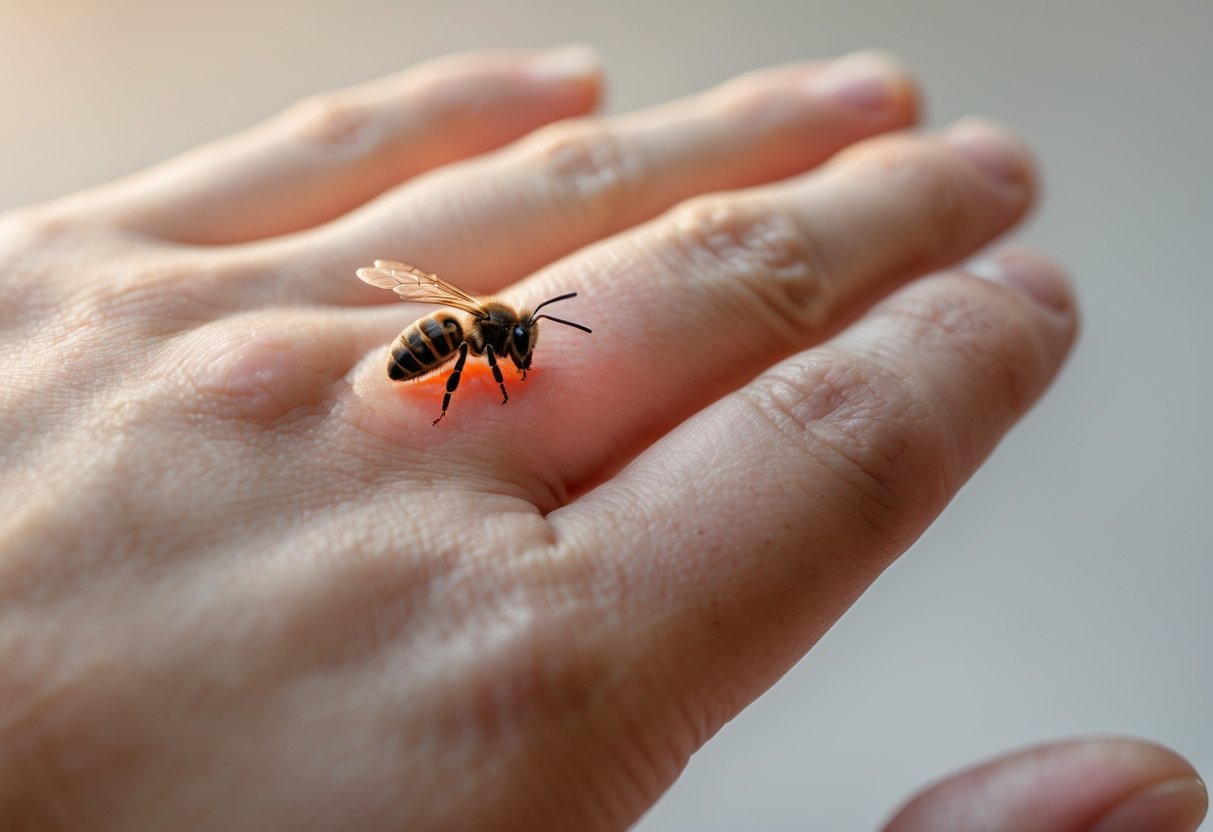 Close-up of a hand with a bee stinger embedded in the skin and slight redness around the area.
