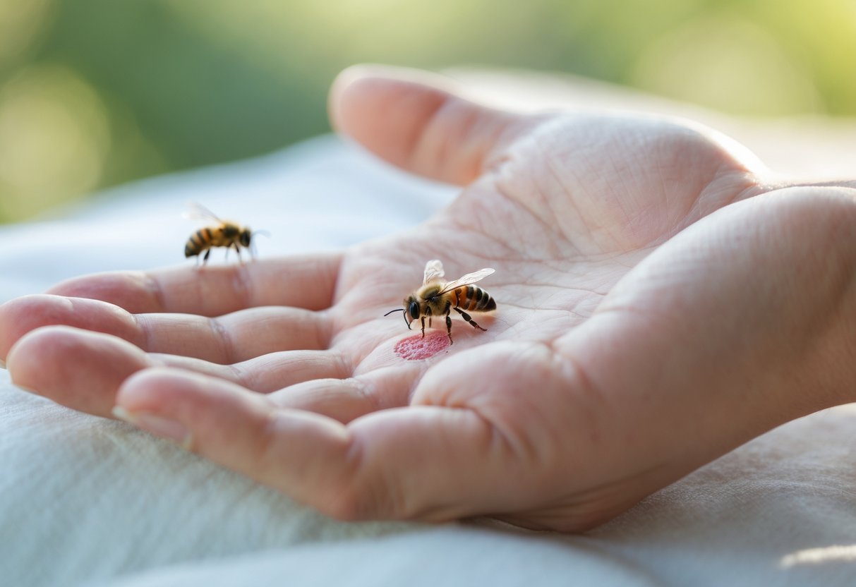Close-up of a person's hand showing a bee sting with slight redness and a bee hovering nearby.