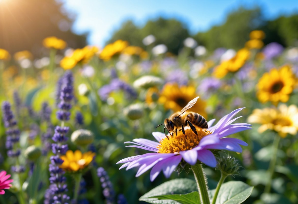 A close-up of a honeybee collecting nectar from colorful flowers in a sunny garden.