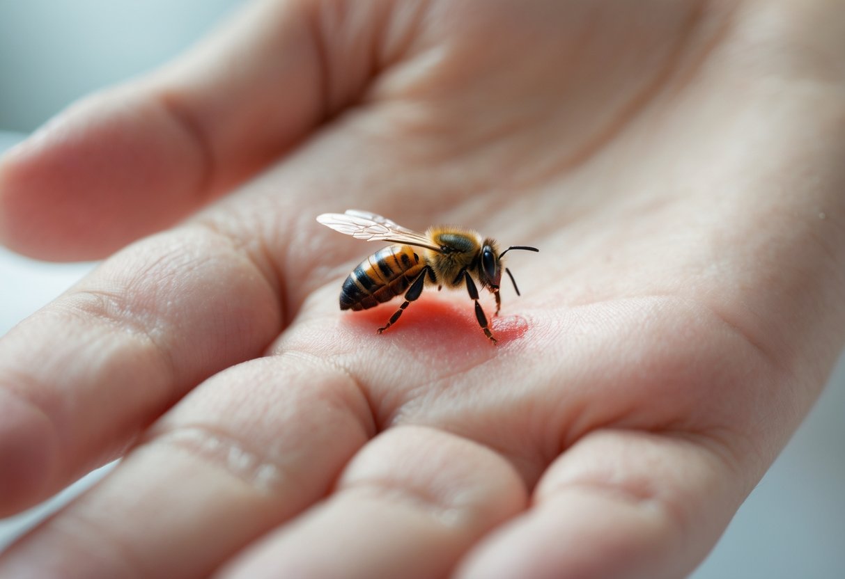 Close-up of a person's hand with a visible bee sting and slight redness around it.