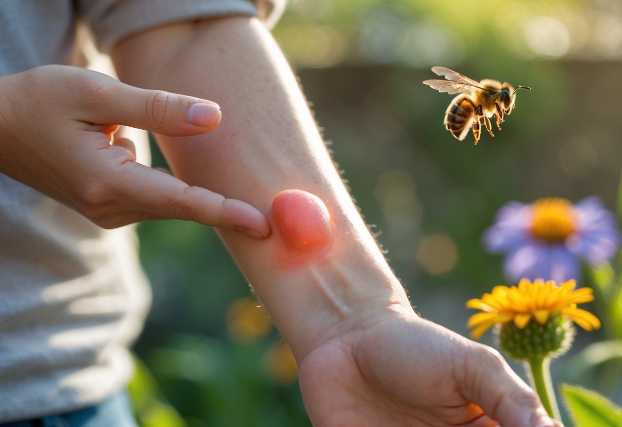 A person touching a red swollen bump on their forearm caused by a bee sting with a bee flying away from a flower in the background.