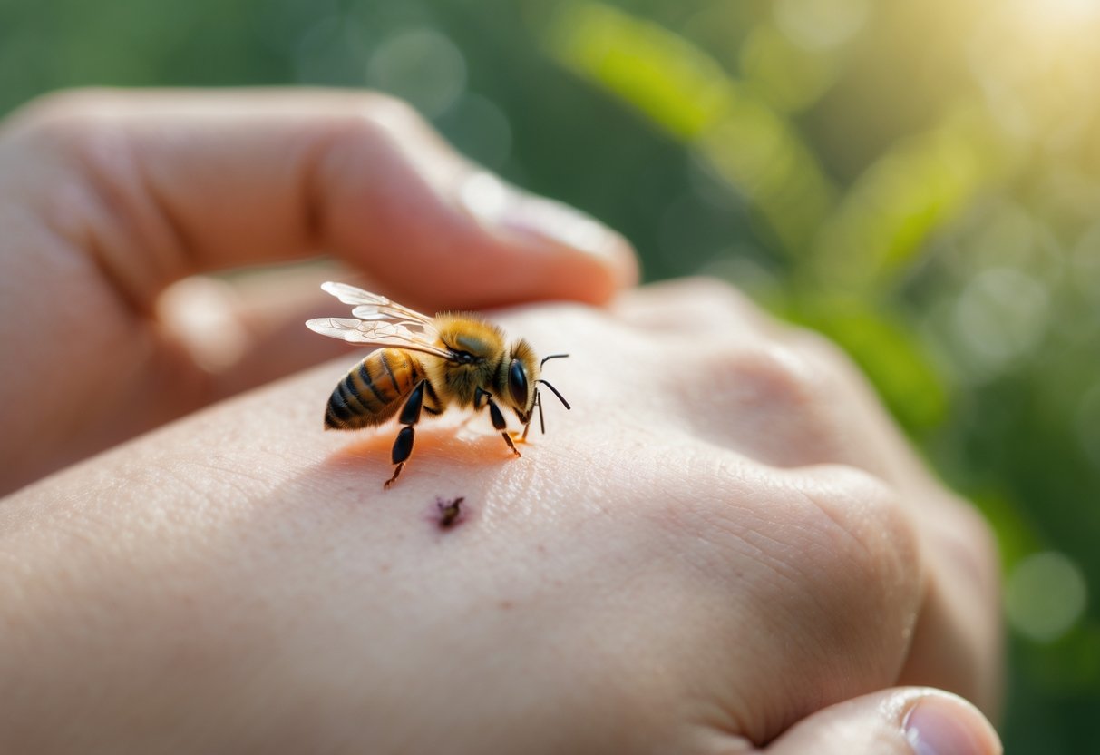 A close-up of a person’s hand with a bee resting on their skin outdoors.