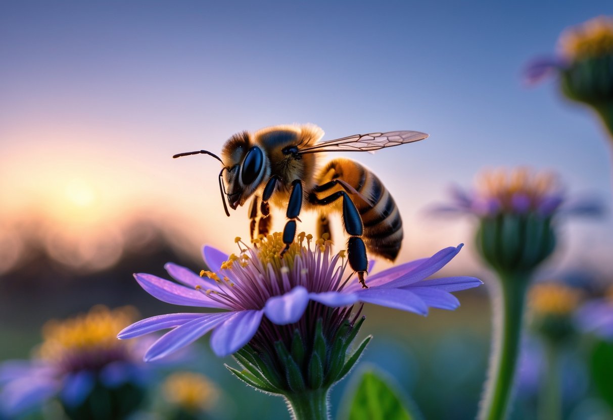 A close-up of a honeybee resting on a flower at dusk with a soft twilight background.