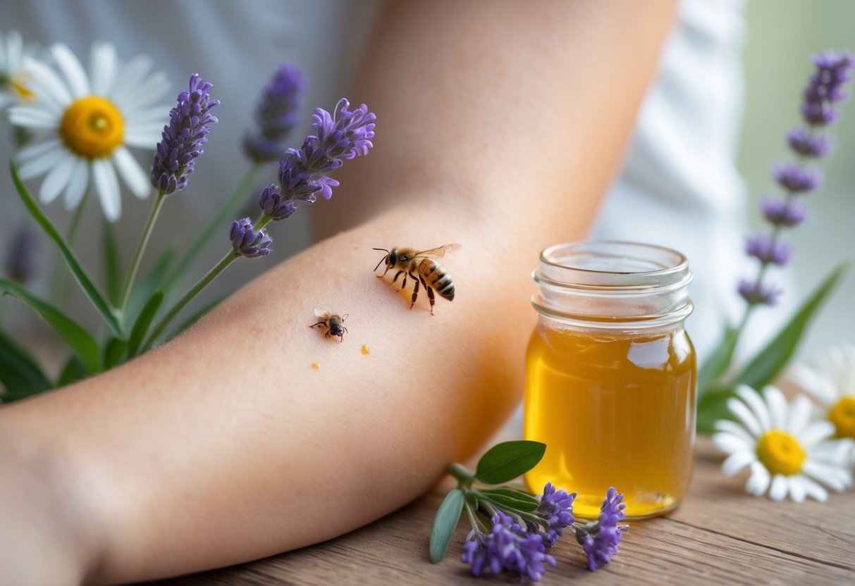 Close-up of a human arm with a bee sting, next to a jar of honey and flowers on a wooden surface.
