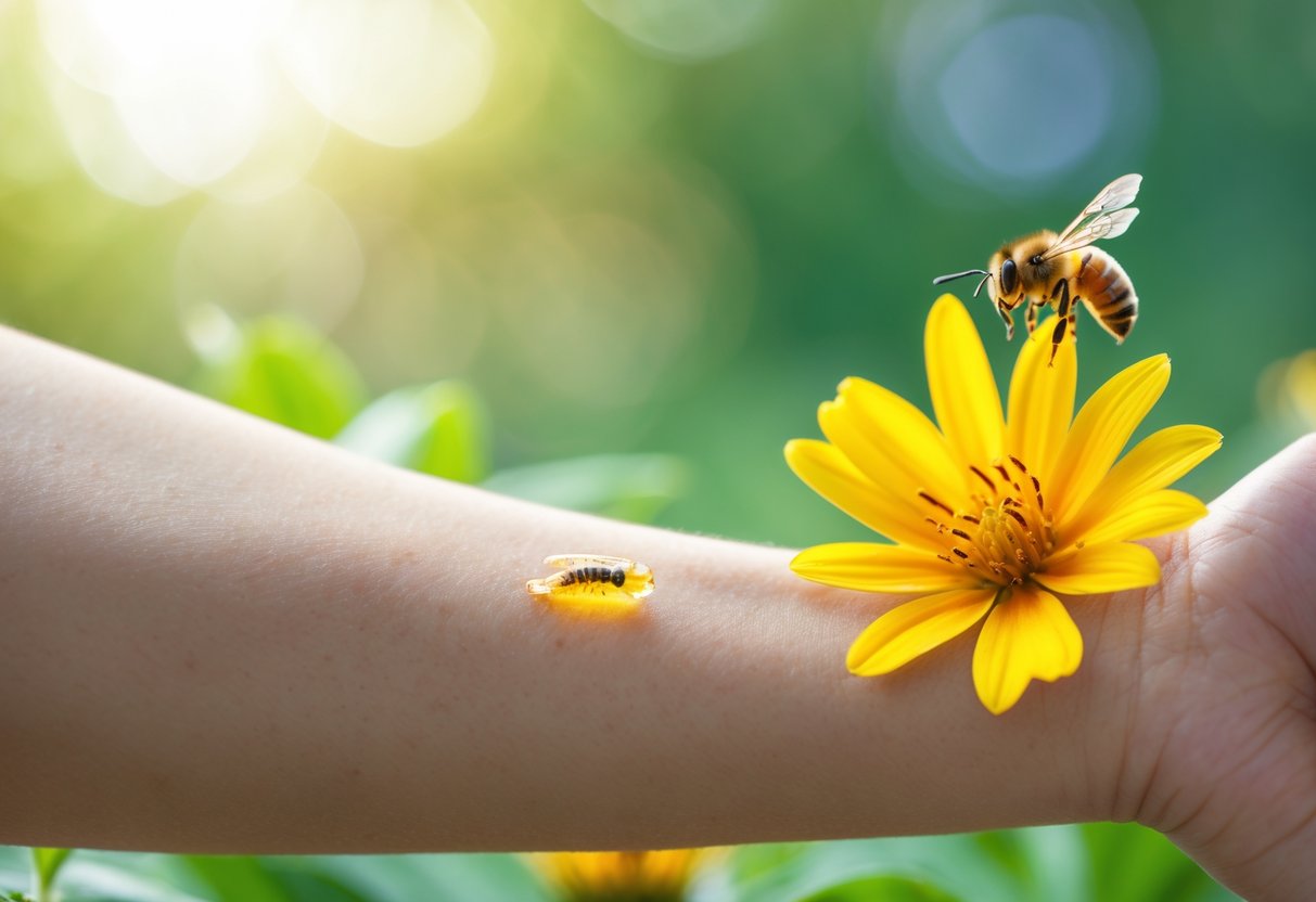 Close-up of a human arm with a fresh bee sting and a honeybee resting on a yellow flower in a natural outdoor setting.