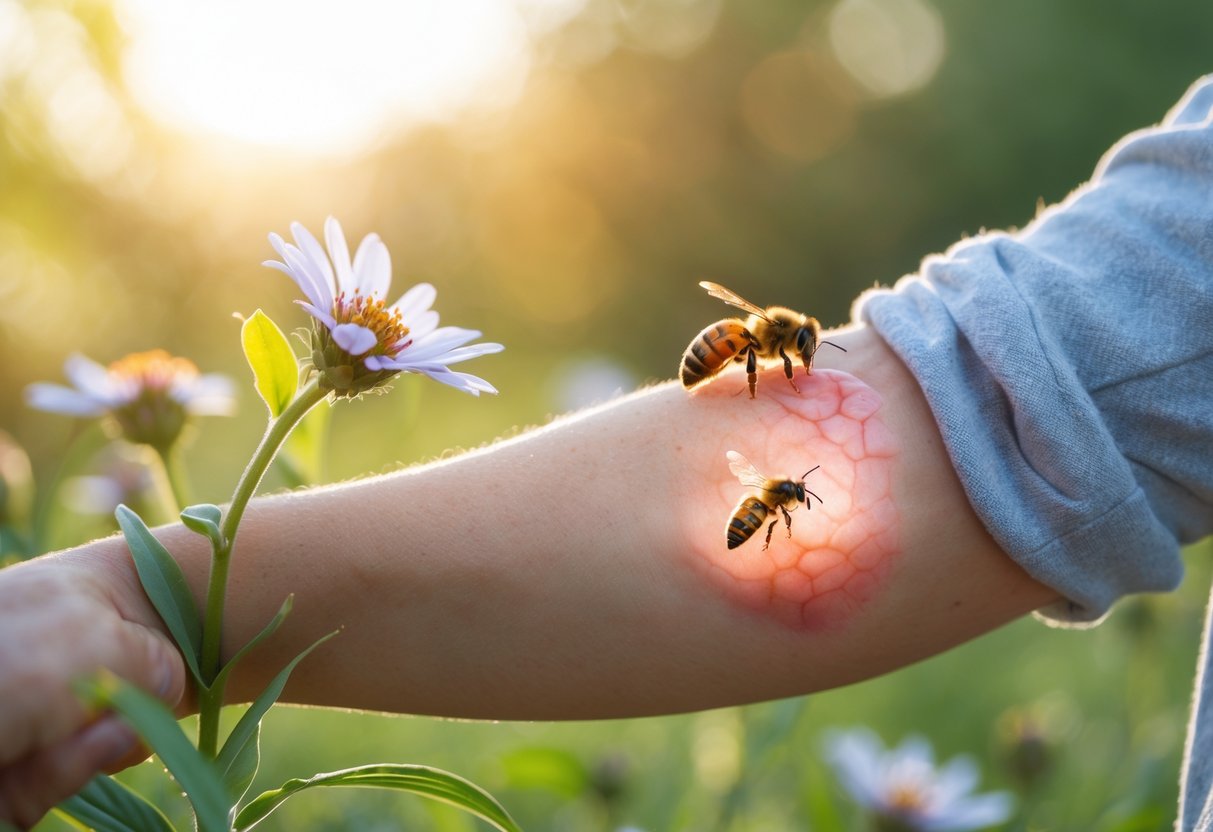Close-up of a person's arm with a bee sting showing mild redness and swelling, with a honeybee landing on a flower nearby.