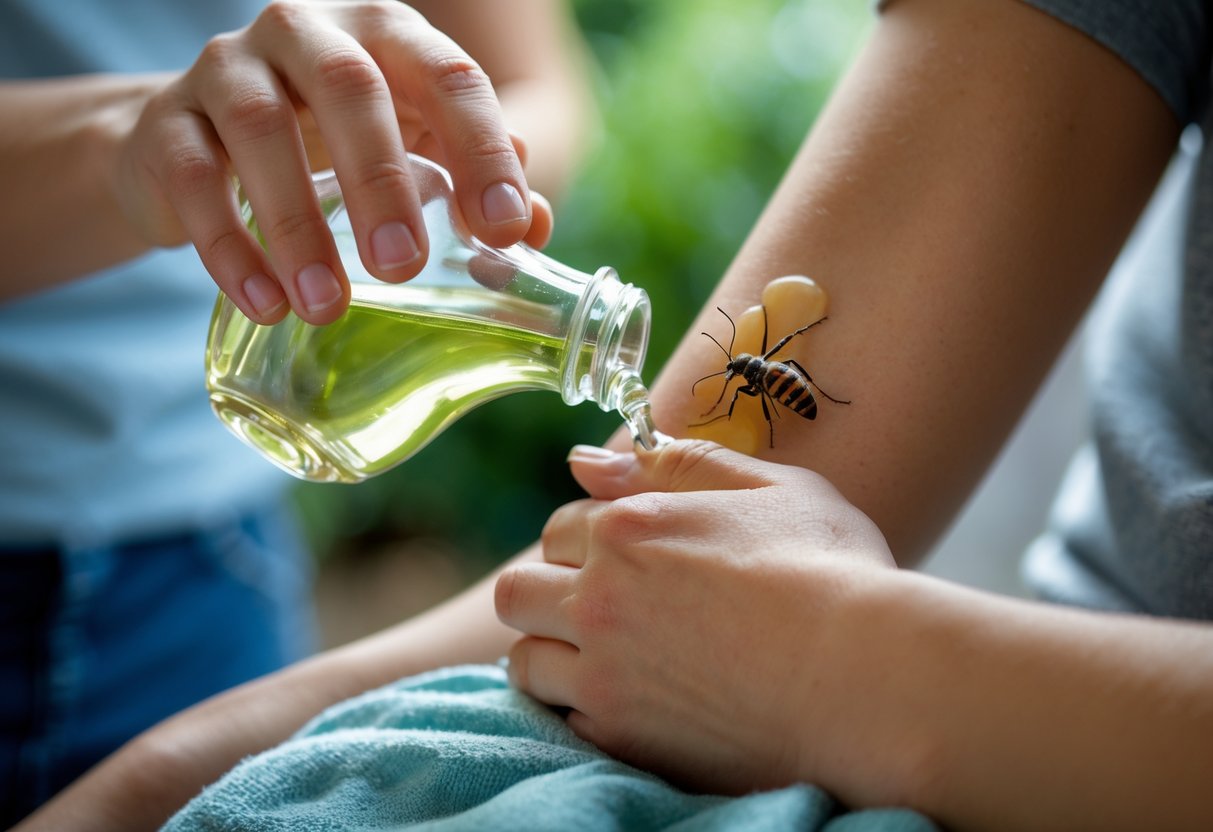 A person applying vinegar to a sting on another person's arm.