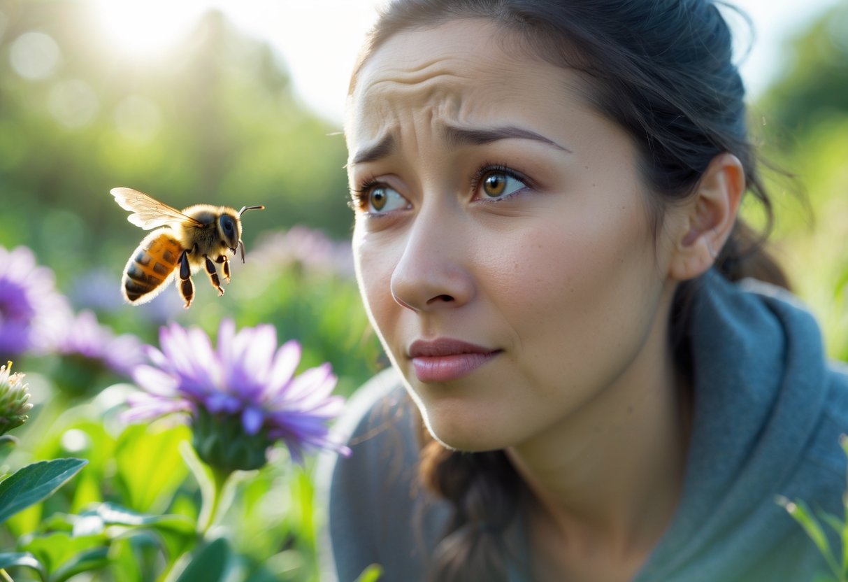 A person looking nervously at a honeybee flying near colorful flowers in a garden.