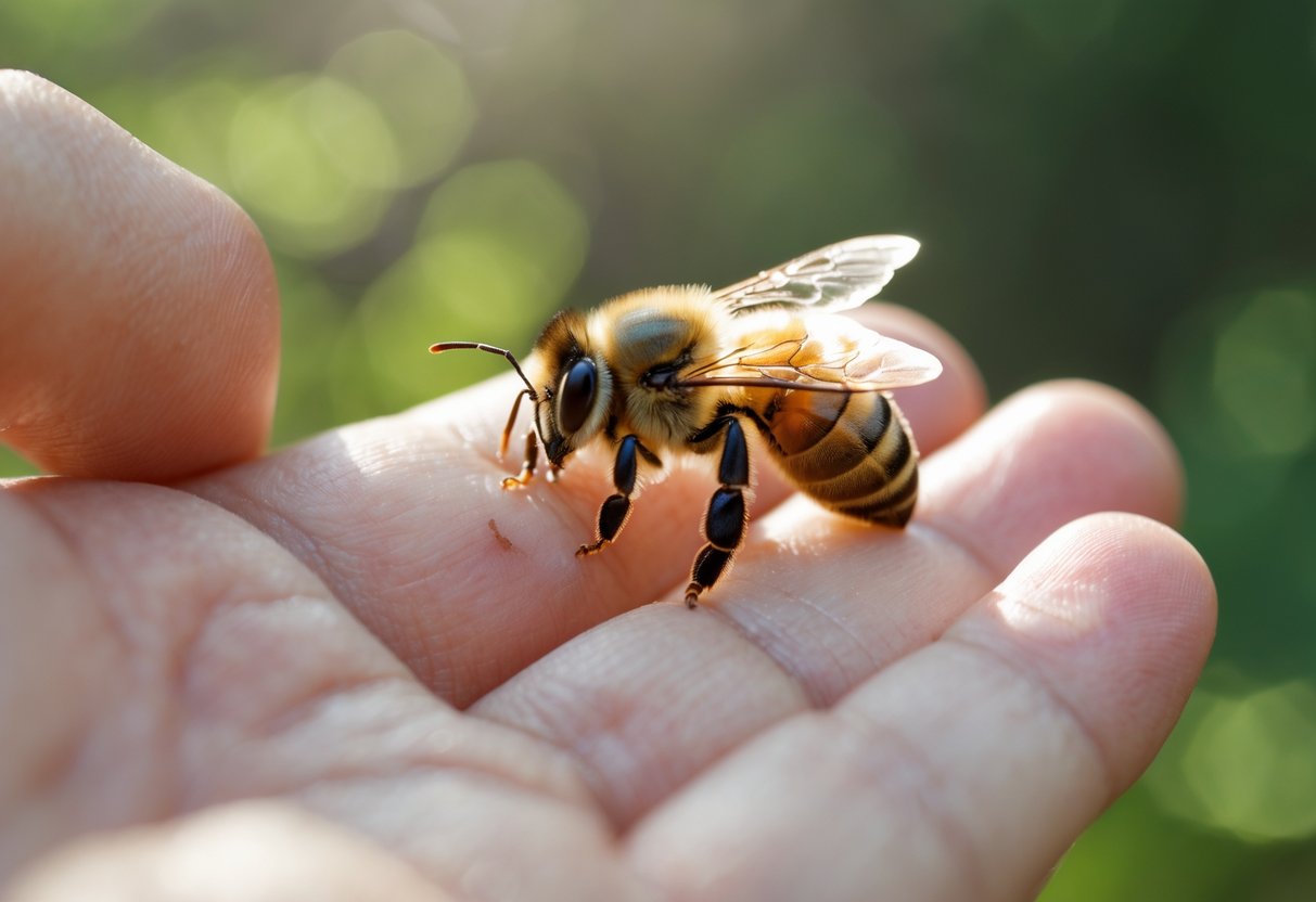 A close-up of a person's hand holding a queen bee with a small red sting mark on the finger.