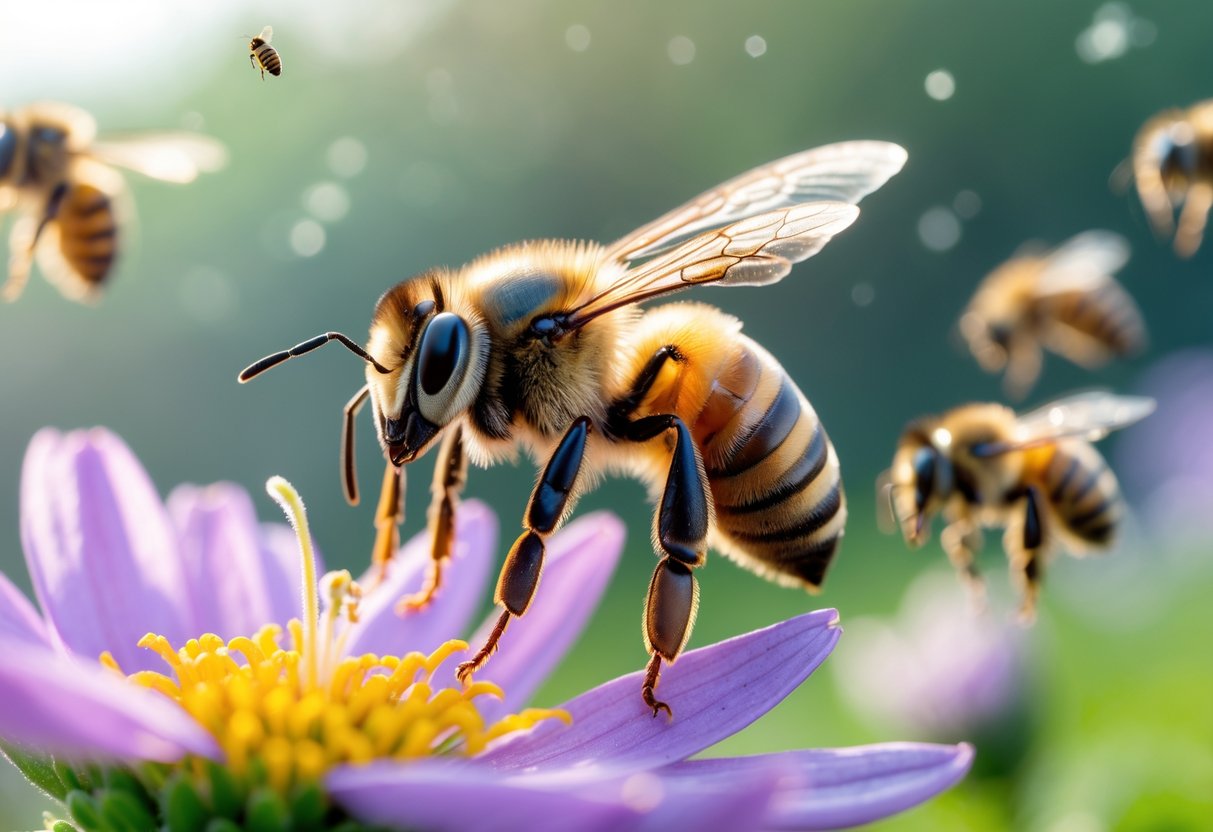 Close-up of a queen bee sitting on a flower with other bees flying nearby in a natural outdoor setting.