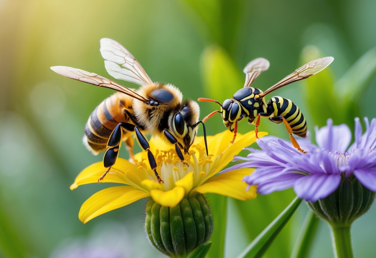 A close-up of a bee and a wasp on colorful flowers outdoors.