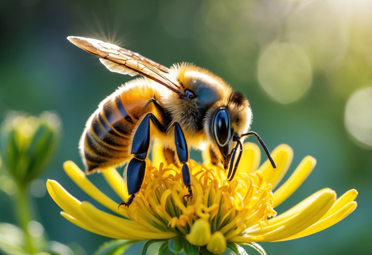 A honeybee sitting on a yellow flower with green foliage in the background.