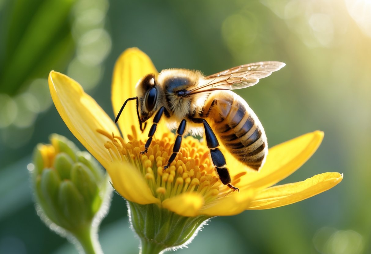 A honeybee resting on a yellow flower with its stinger visible, surrounded by green foliage.