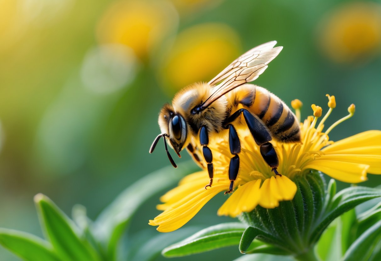 A close-up of a honeybee on a yellow flower with green blurred background.